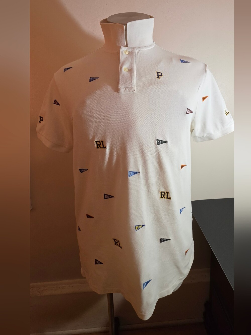 Polo by Ralph Lauren White Polo with Multi-Color Pennant Embroidery